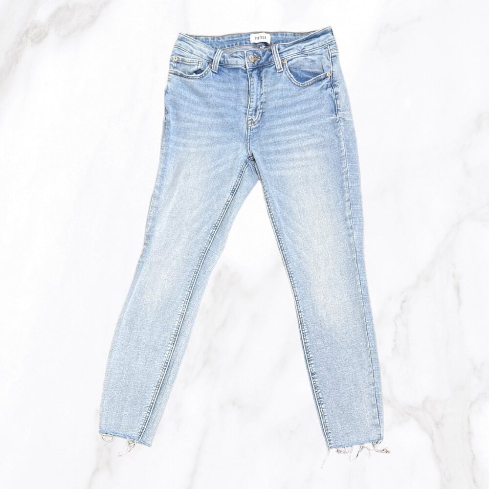 Pistola Women's Mid Rise Skinny‎ Ankle Raw Hem Lightwash Jeans, Size 29
